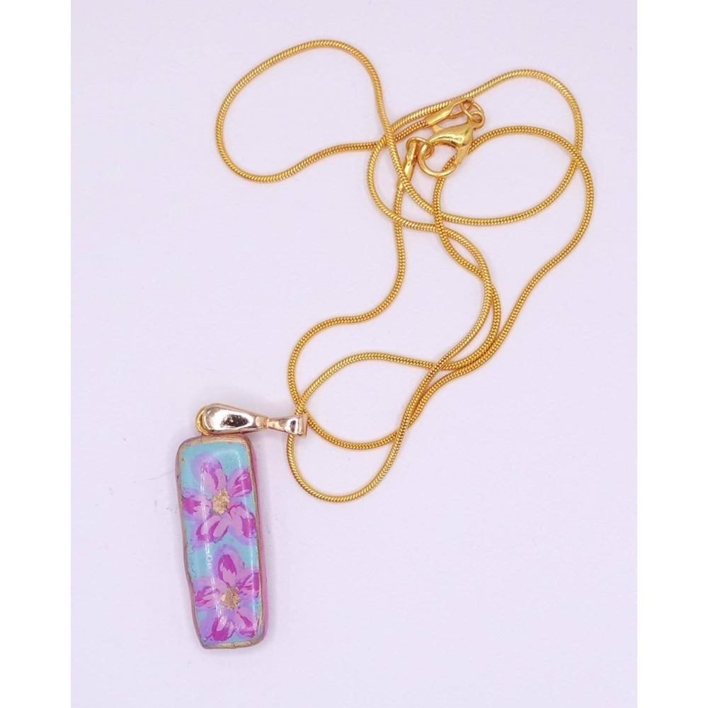 Polymer Clay Teal Pendant Necklace Gold Chain Cottagecore Boho Charm Floral - Picture 4 of 6